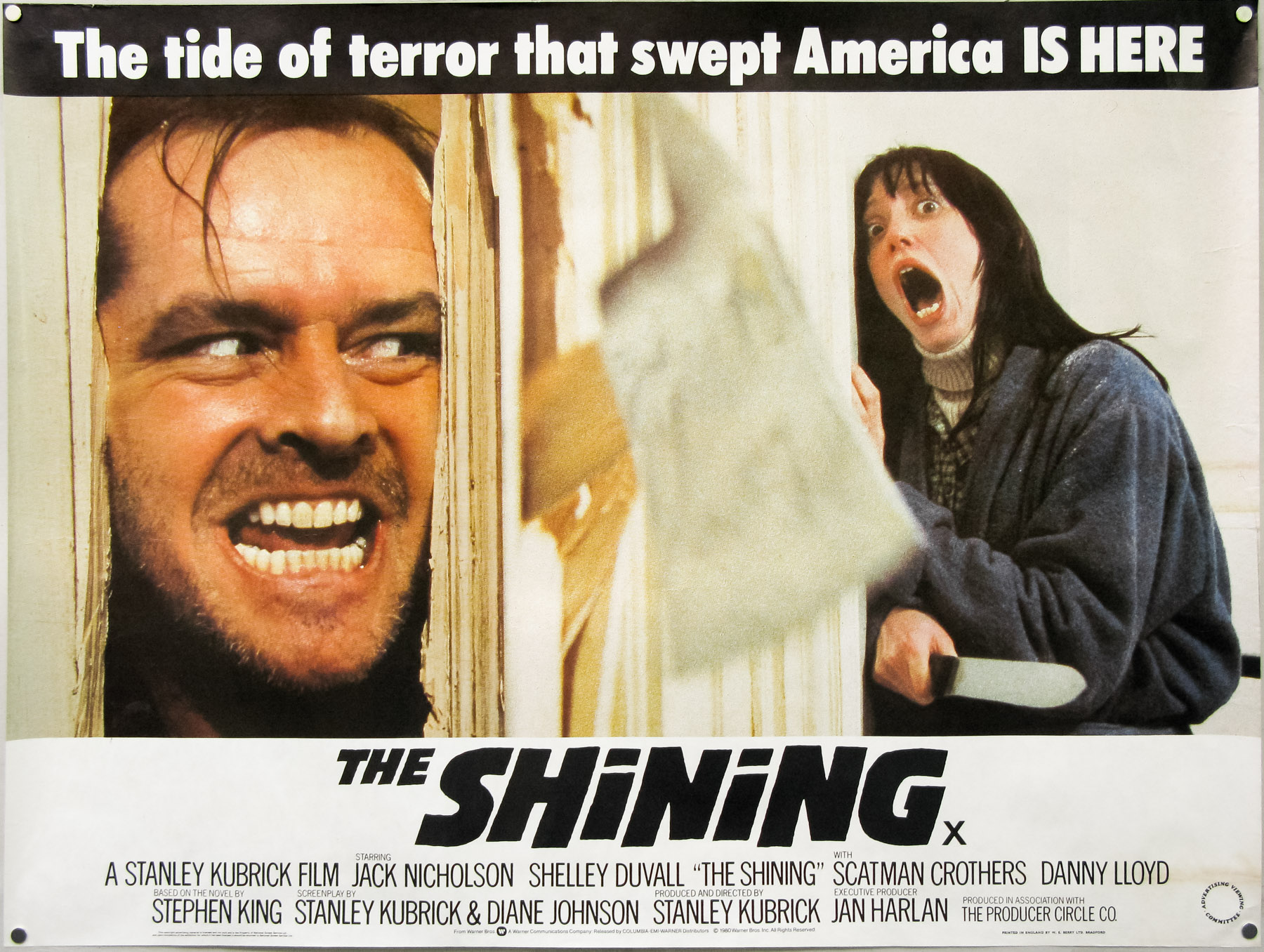 The UK quad for Stanley Kubrick's The Shining, designed by Chapman Beauvais in close collaboration with the director, 1980.