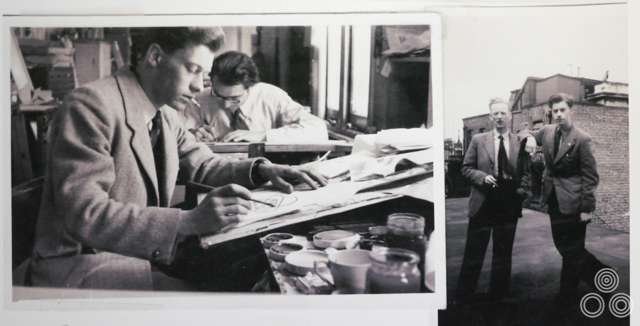 Left: Tom Beauvais sits at his desk in the Bateman Artists studio. A fellow illustrator sits to his left (Tom is unable to recall his name). Right: Tom Beauvais (right) and lettering artist Alan Aldershaw stand on the roof of the Bateman Artists studio building, 1956.