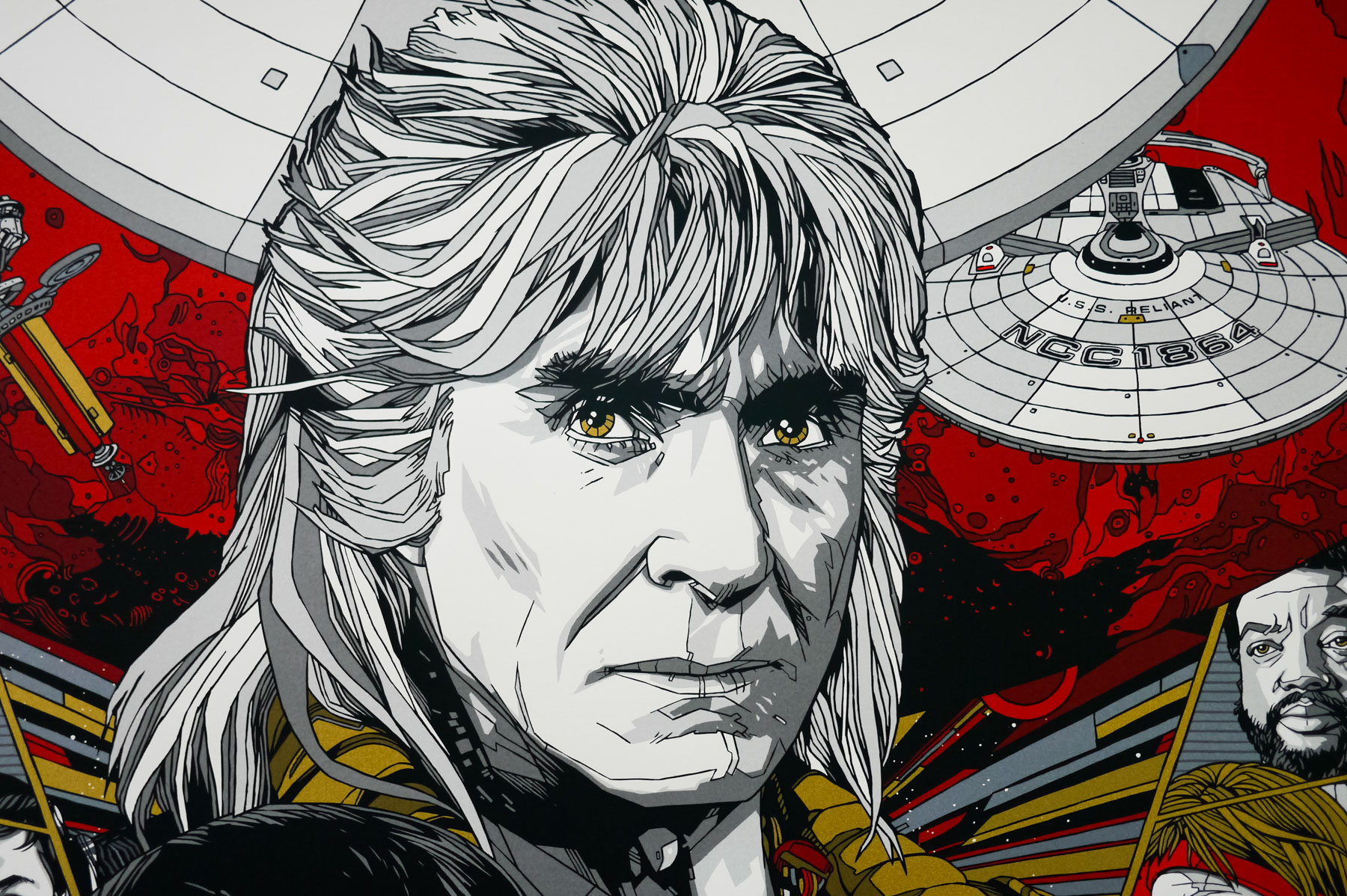 A close-up view of Tyler Stout's portrait of Ricardo Montalban's bad guy Khan.