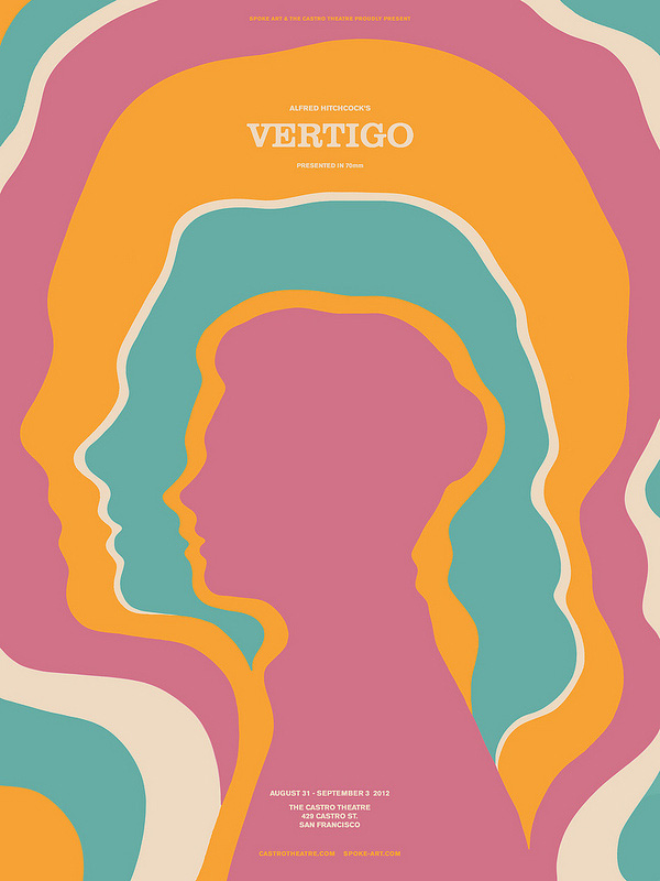 A screen print for a showing of Hitchcock's classic thriller, Vertigo, designed by Sam's Myth for the Castro Theatre in San Francisco, 2012