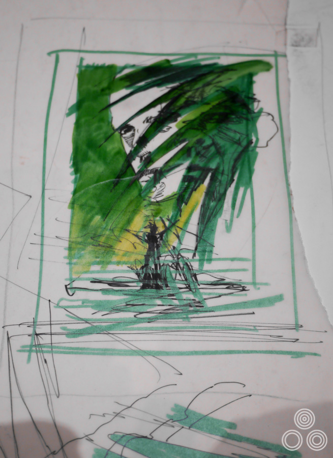 The original concept rough (sketch) for the Emerald Forest British poster, by Vic Fair, 1985